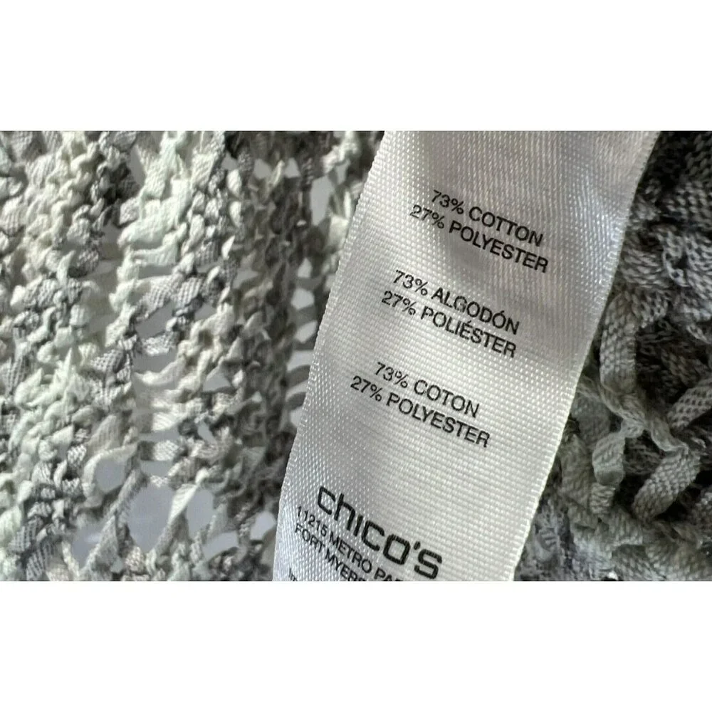 Chico's Women's Jacket Size Large Weave Ribbon Gray Ivory Open Knit Long Sleeve‎